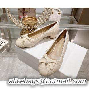 Low Price Dior Ballet Pumps 5cm in Quilted Cannage Calfskin with Pearl Bow Light Beige 814045