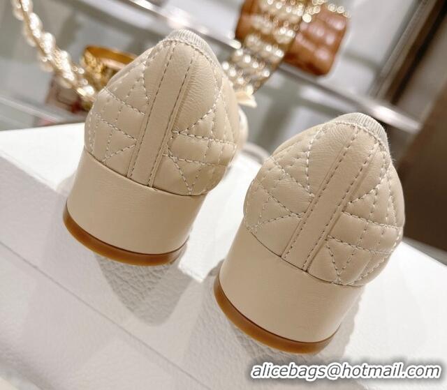 Low Price Dior Ballet Pumps 5cm in Quilted Cannage Calfskin with Pearl Bow Light Beige 814045