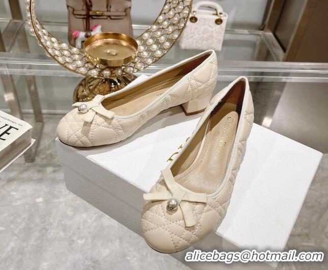 Low Price Dior Ballet Pumps 5cm in Quilted Cannage Calfskin with Pearl Bow Light Beige 814045