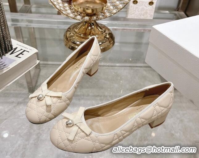 Low Price Dior Ballet Pumps 5cm in Quilted Cannage Calfskin with Pearl Bow Light Beige 814045