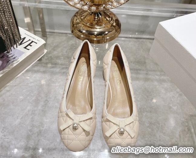 Low Price Dior Ballet Pumps 5cm in Quilted Cannage Calfskin with Pearl Bow Light Beige 814045