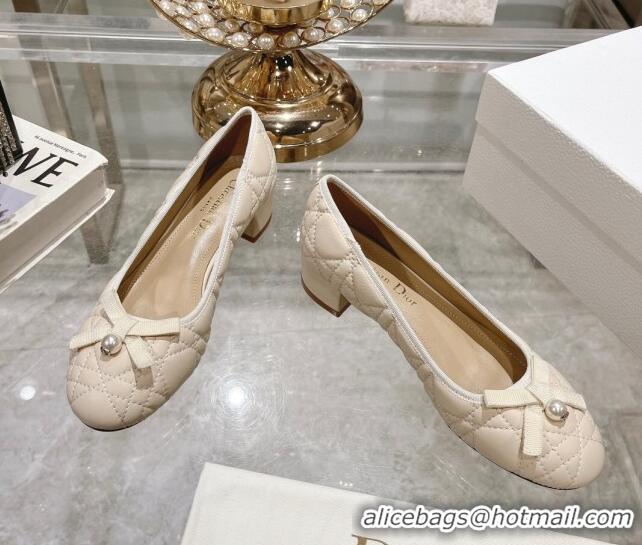 Low Price Dior Ballet Pumps 5cm in Quilted Cannage Calfskin with Pearl Bow Light Beige 814045