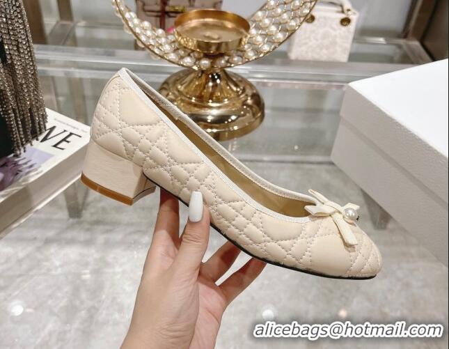 Low Price Dior Ballet Pumps 5cm in Quilted Cannage Calfskin with Pearl Bow Light Beige 814045