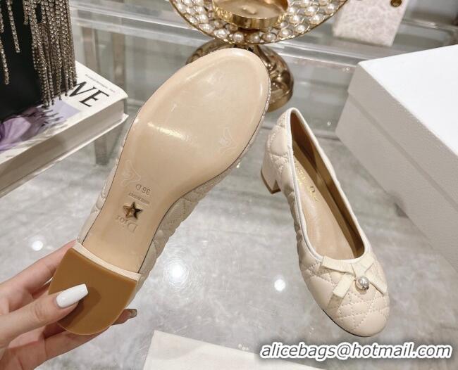 Low Price Dior Ballet Pumps 5cm in Quilted Cannage Calfskin with Pearl Bow Light Beige 814045