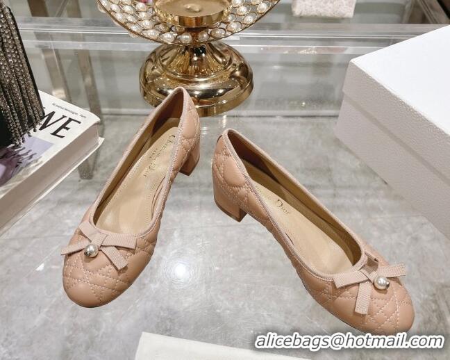 Best Product Dior Ballet Pumps 5cm in Quilted Cannage Calfskin with Pearl Bow Rose Beige 814046