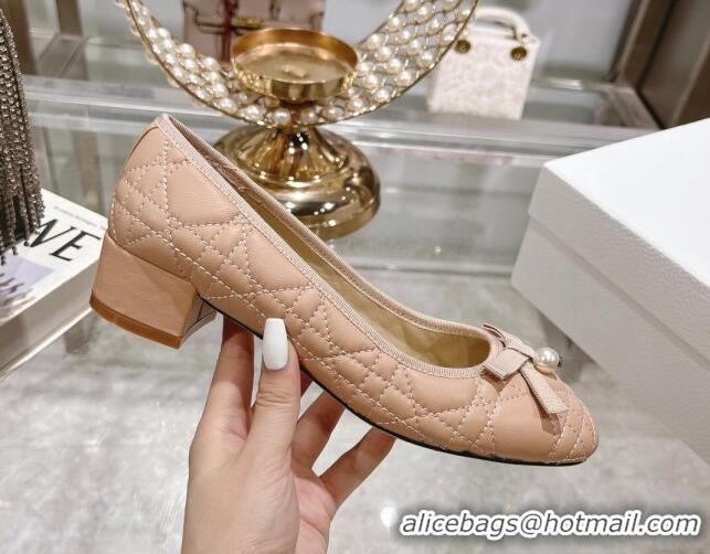 Best Product Dior Ballet Pumps 5cm in Quilted Cannage Calfskin with Pearl Bow Rose Beige 814046