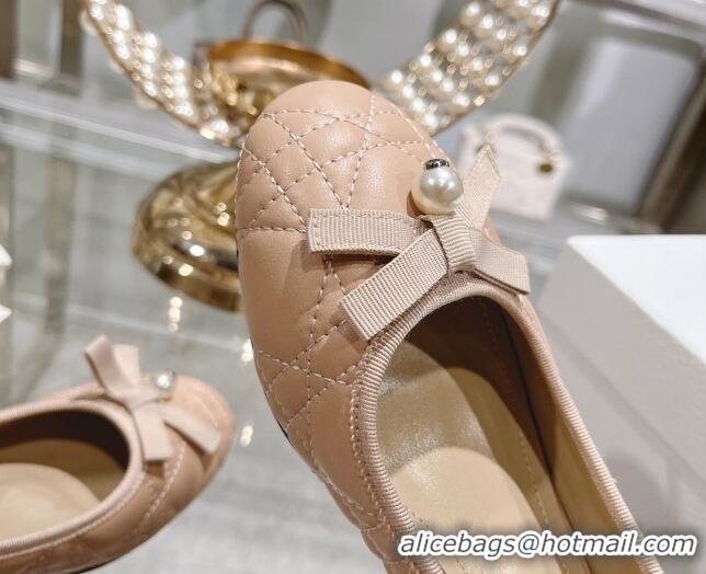 Best Product Dior Ballet Pumps 5cm in Quilted Cannage Calfskin with Pearl Bow Rose Beige 814046