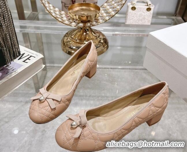 Best Product Dior Ballet Pumps 5cm in Quilted Cannage Calfskin with Pearl Bow Rose Beige 814046