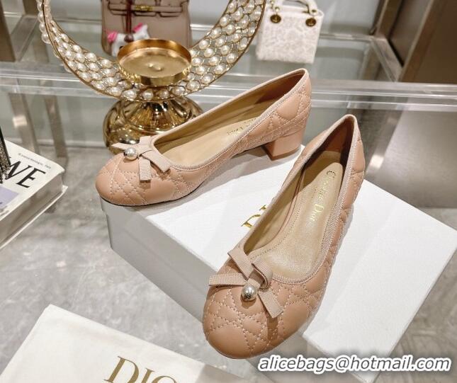 Best Product Dior Ballet Pumps 5cm in Quilted Cannage Calfskin with Pearl Bow Rose Beige 814046