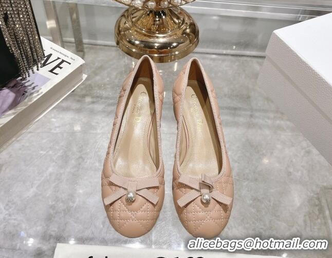 Best Product Dior Ballet Pumps 5cm in Quilted Cannage Calfskin with Pearl Bow Rose Beige 814046