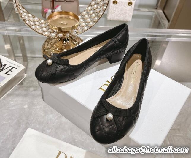 Luxurious Dior Ballet Pumps 5cm in Quilted Cannage Calfskin with Pearl Bow Black 814047