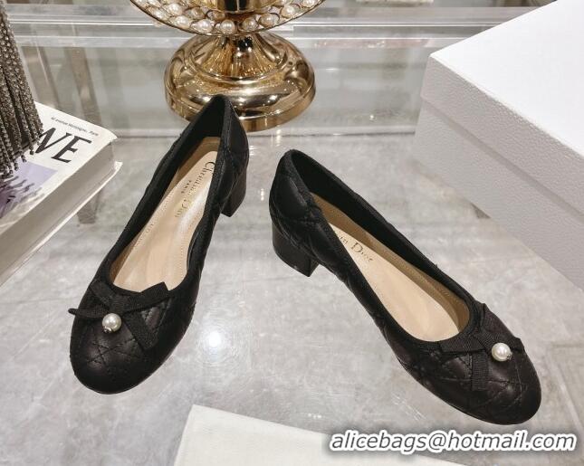 Luxurious Dior Ballet Pumps 5cm in Quilted Cannage Calfskin with Pearl Bow Black 814047