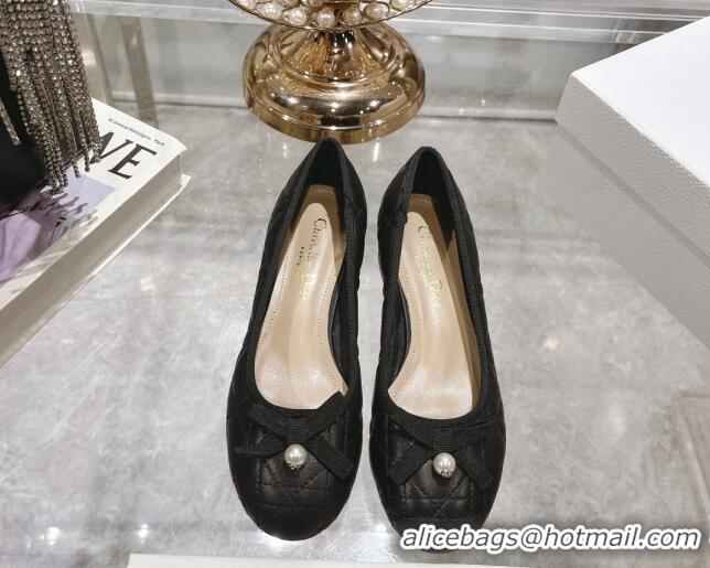 Luxurious Dior Ballet Pumps 5cm in Quilted Cannage Calfskin with Pearl Bow Black 814047