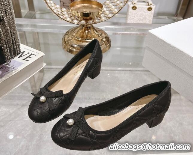 Luxurious Dior Ballet Pumps 5cm in Quilted Cannage Calfskin with Pearl Bow Black 814047