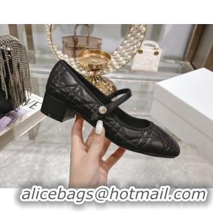 Most Popular Dior Mary Janes Ballet Pumps 5cm in Quilted Cannage Calfskin with Pearl Black 814048