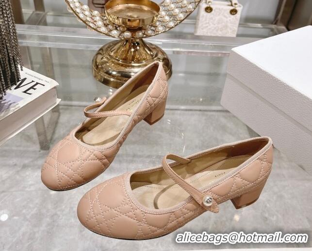 Top Design Dior Mary Janes Ballet Pumps 5cm in Quilted Cannage Calfskin with Pearl Rose Beige 814049