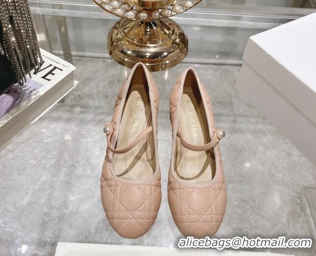 Top Design Dior Mary Janes Ballet Pumps 5cm in Quilted Cannage Calfskin with Pearl Rose Beige 814049