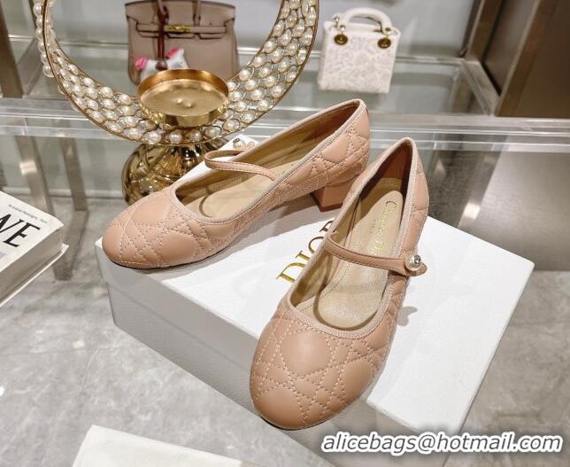 Top Design Dior Mary Janes Ballet Pumps 5cm in Quilted Cannage Calfskin with Pearl Rose Beige 814049