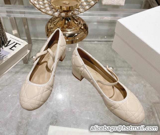 Hot Style Dior Mary Janes Ballet Pumps 5cm in Quilted Cannage Calfskin with Pearl Light Beige 814050