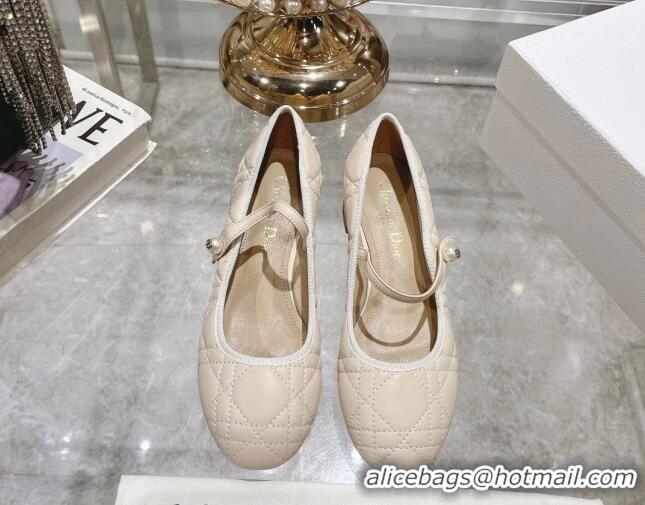 Hot Style Dior Mary Janes Ballet Pumps 5cm in Quilted Cannage Calfskin with Pearl Light Beige 814050