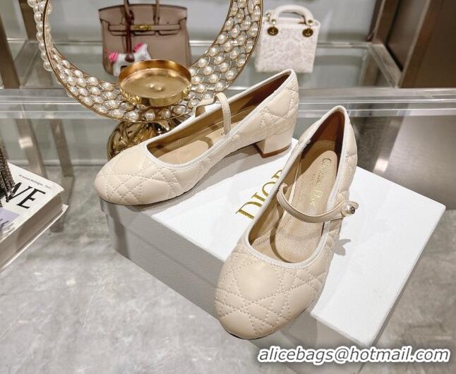 Hot Style Dior Mary Janes Ballet Pumps 5cm in Quilted Cannage Calfskin with Pearl Light Beige 814050