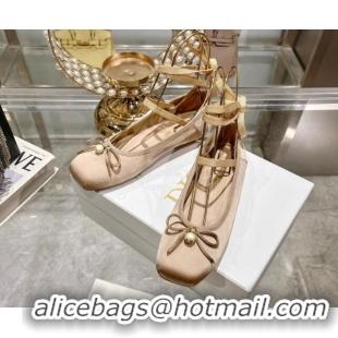 Low Cost Dior D-Joy Ballet Flats in Satin and Grosgrain with Lace-up Beige 814052