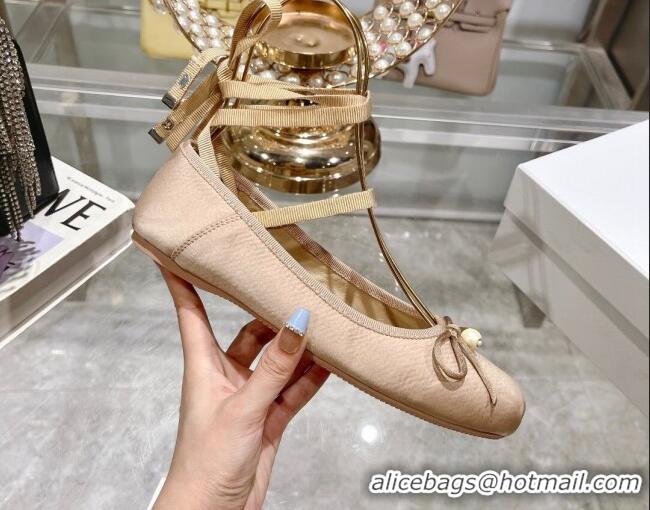 Low Cost Dior D-Joy Ballet Flats in Satin and Grosgrain with Lace-up Beige 814052