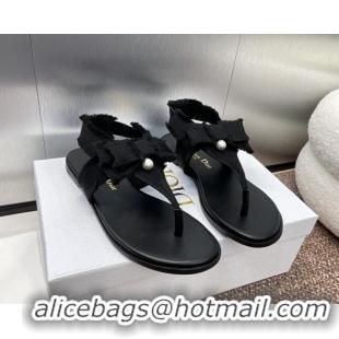 Shop Duplicate Dior Adiorable Flat Thong Sandals in Fringed Grosgrain Fabric with Pearl Bow Black 814053