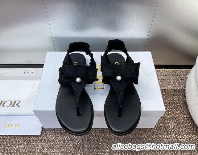 Shop Duplicate Dior Adiorable Flat Thong Sandals in Fringed Grosgrain Fabric with Pearl Bow Black 814053