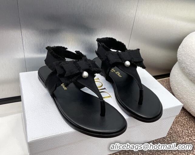 Shop Duplicate Dior Adiorable Flat Thong Sandals in Fringed Grosgrain Fabric with Pearl Bow Black 814053