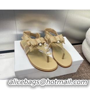 Classic Hot Dior Adiorable Flat Thong Sandals in Fringed Grosgrain Fabric with Pearl Bow Beige 814054