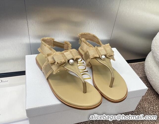 Classic Hot Dior Adiorable Flat Thong Sandals in Fringed Grosgrain Fabric with Pearl Bow Beige 814054