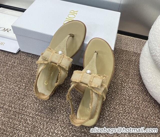 Classic Hot Dior Adiorable Flat Thong Sandals in Fringed Grosgrain Fabric with Pearl Bow Beige 814054