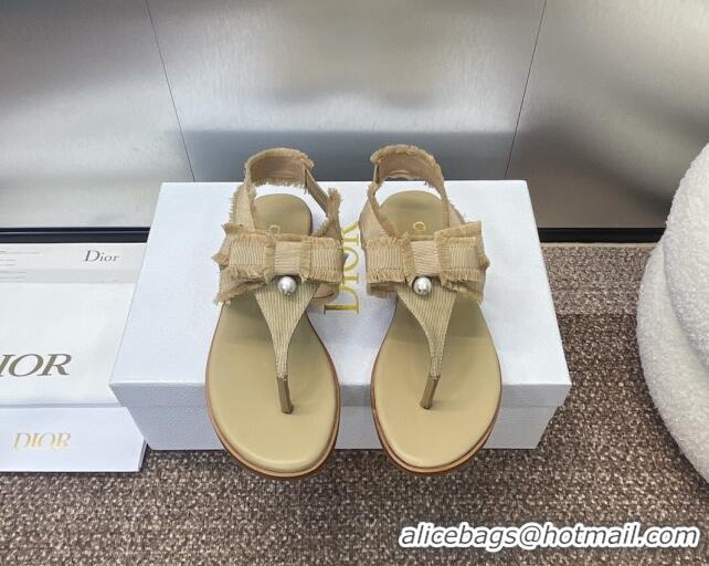 Classic Hot Dior Adiorable Flat Thong Sandals in Fringed Grosgrain Fabric with Pearl Bow Beige 814054