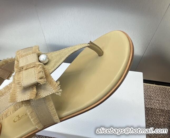 Classic Hot Dior Adiorable Flat Thong Sandals in Fringed Grosgrain Fabric with Pearl Bow Beige 814054