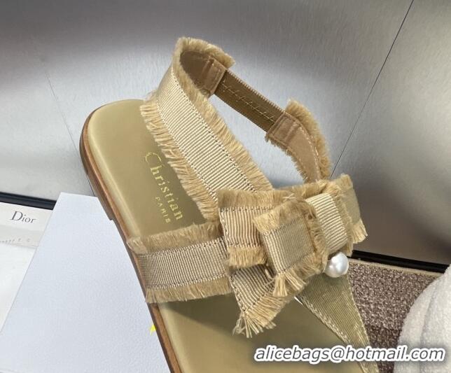 Classic Hot Dior Adiorable Flat Thong Sandals in Fringed Grosgrain Fabric with Pearl Bow Beige 814054