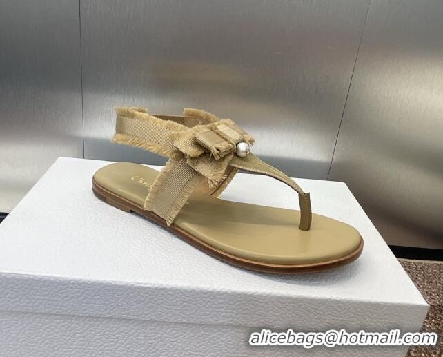 Classic Hot Dior Adiorable Flat Thong Sandals in Fringed Grosgrain Fabric with Pearl Bow Beige 814054