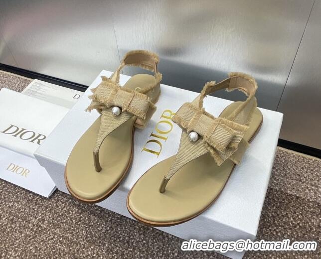 Classic Hot Dior Adiorable Flat Thong Sandals in Fringed Grosgrain Fabric with Pearl Bow Beige 814054