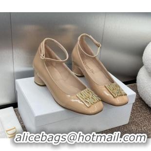 Best Grade Dior Miss Dior Pump 3.5cm in Patent Calfskin with Ankle Strap Beige 904125