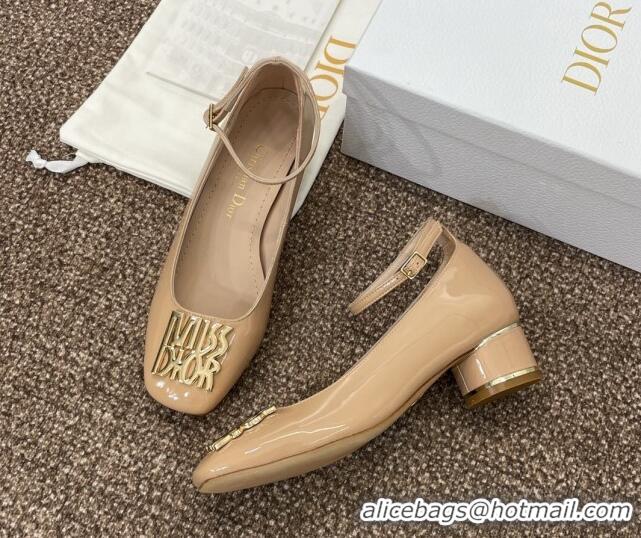 Best Grade Dior Miss Dior Pump 3.5cm in Patent Calfskin with Ankle Strap Beige 904125