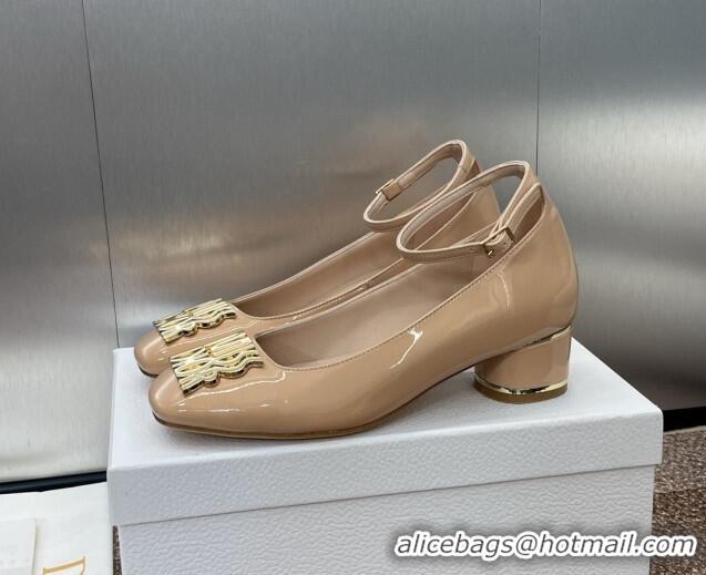 Best Grade Dior Miss Dior Pump 3.5cm in Patent Calfskin with Ankle Strap Beige 904125