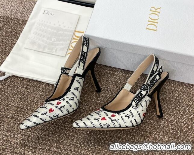 Sophisticated Dior J'Adior Dioramour Slingback Pumps 9.5cm in White Cotton with Embroidered Black and Red Je Vous Adore 