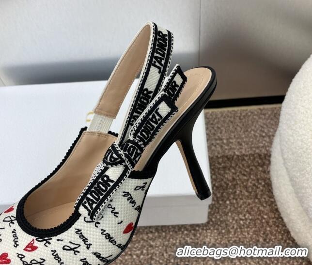 Sophisticated Dior J'Adior Dioramour Slingback Pumps 9.5cm in White Cotton with Embroidered Black and Red Je Vous Adore 