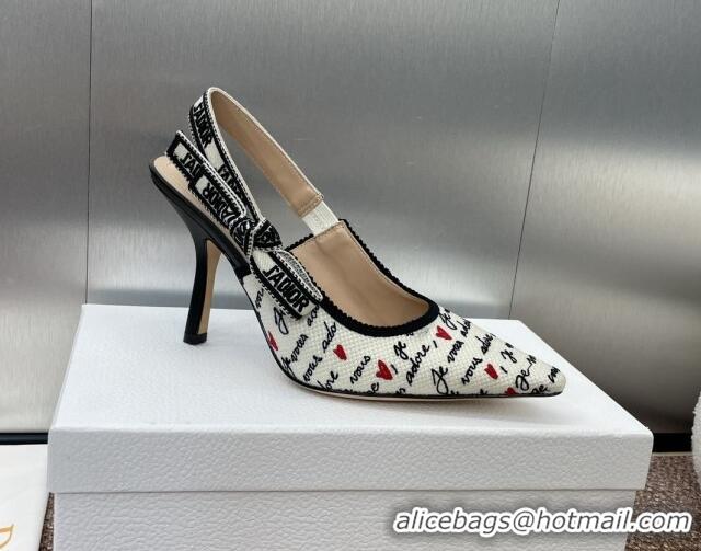 Sophisticated Dior J'Adior Dioramour Slingback Pumps 9.5cm in White Cotton with Embroidered Black and Red Je Vous Adore 