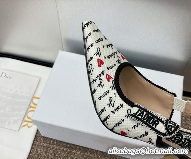 Sophisticated Dior J'Adior Dioramour Slingback Pumps 9.5cm in White Cotton with Embroidered Black and Red Je Vous Adore 