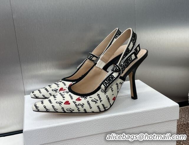 Sophisticated Dior J'Adior Dioramour Slingback Pumps 9.5cm in White Cotton with Embroidered Black and Red Je Vous Adore 