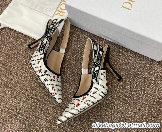 Sophisticated Dior J'Adior Dioramour Slingback Pumps 9.5cm in White Cotton with Embroidered Black and Red Je Vous Adore 