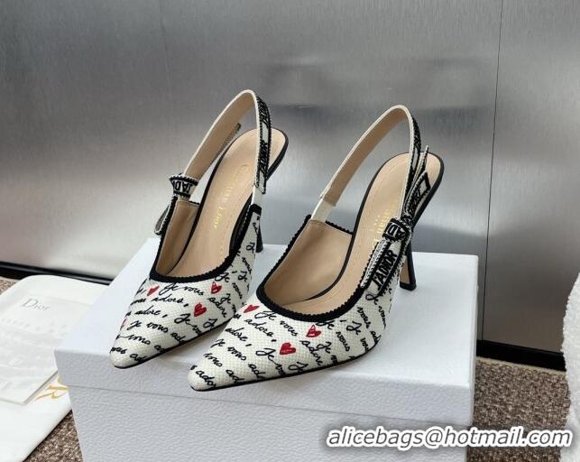 Sophisticated Dior J'Adior Dioramour Slingback Pumps 9.5cm in White Cotton with Embroidered Black and Red Je Vous Adore 