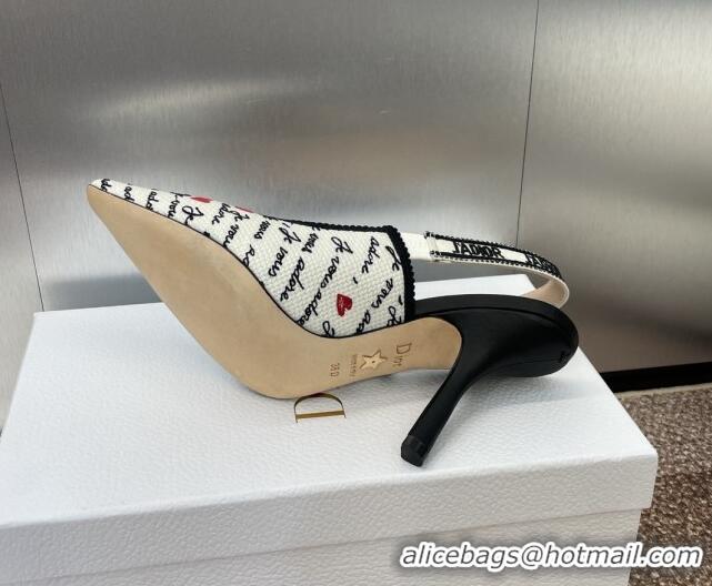 Sophisticated Dior J'Adior Dioramour Slingback Pumps 9.5cm in White Cotton with Embroidered Black and Red Je Vous Adore 