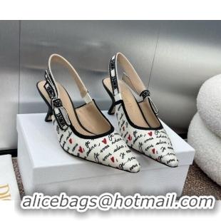 Stylish Dior J'Adior Dioramour Slingback Pumps 6.5cm in White Cotton with Embroidered Black and Red Je Vous Adore Motif 